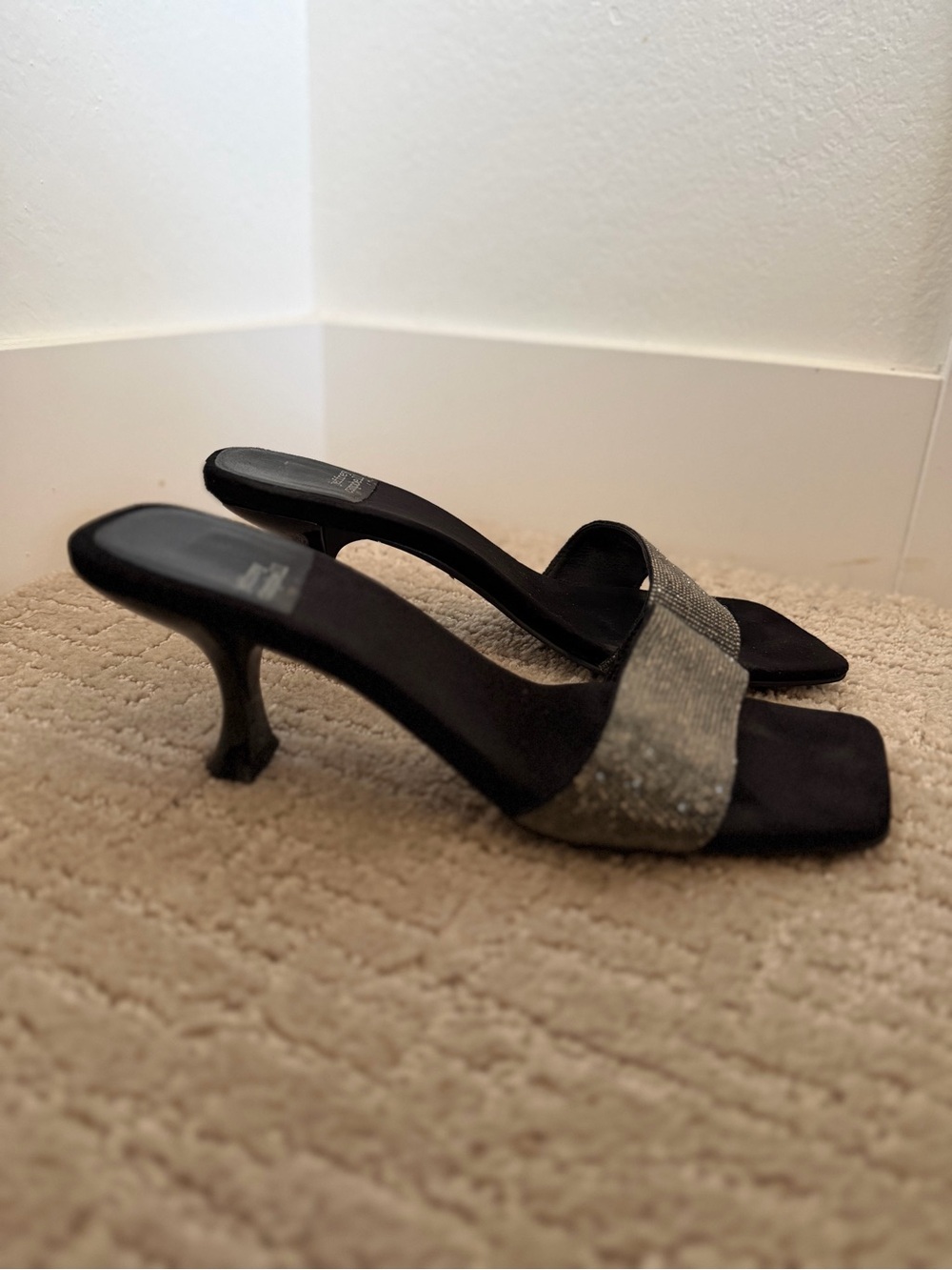 Jeffrey Campbell Black and Silver Slide Heels with Sparkle Strap - Women